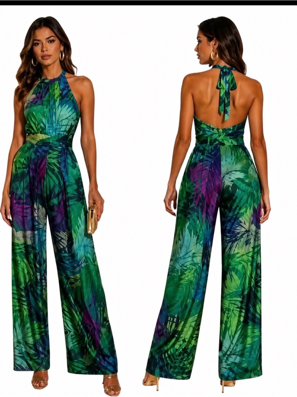 Zara women’s wide leg jumpsuit Sz S Green Tropical Halter  flowy summer coastal